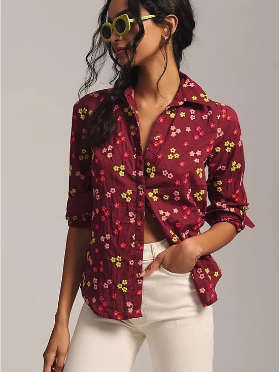 Anthropologie Tops - Anthropologie Maeve 100% Cotton Size M Burgundy Floral Button-Down Shirt